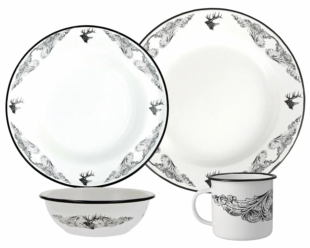 41-2005 – UTICA USA Dish Set, Sixteen Piece Set Elk I Pattern White Enamelware With Four Mugs/ Four Dinner Plates/ Fo...